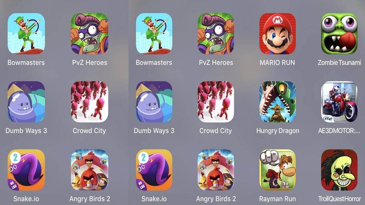 Bowmasters,PVZ Heroes,Mario Run,Zombie Tsunami,Dumb Ways 3,Crowd City,Hungry Dragon