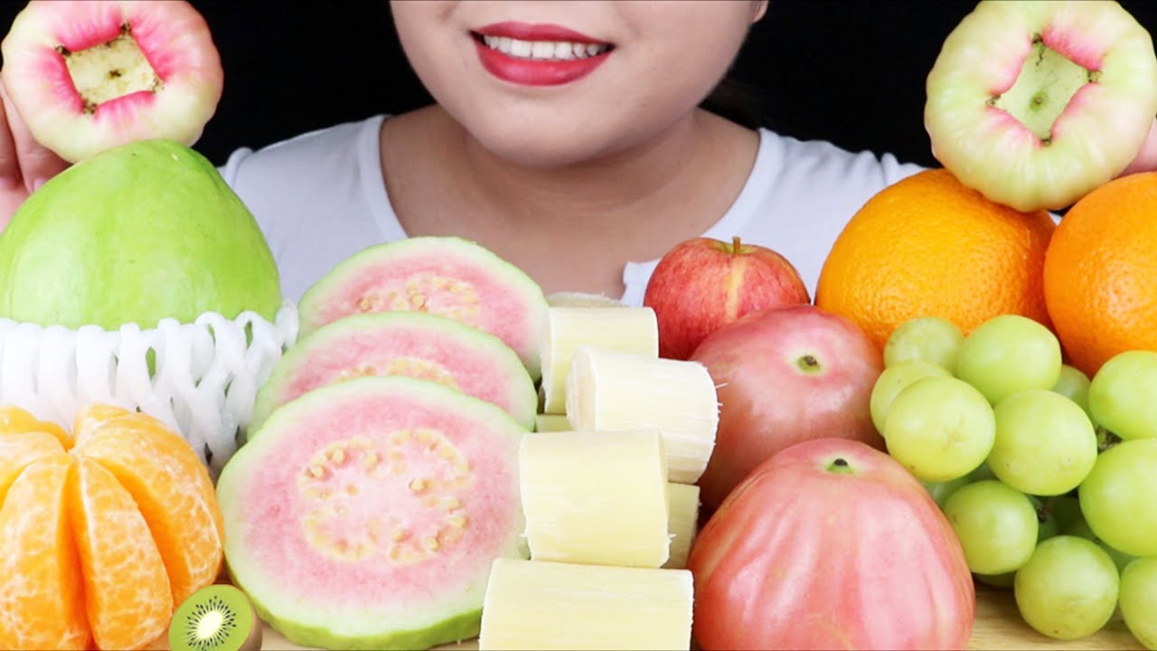 ASMR FRUIT PLATTER (SUGARCANE, PINK GUAVA, BELL FRUIT, ORANGE...). ĂN TRÁI CÂY TƯƠI. MAI ASMR