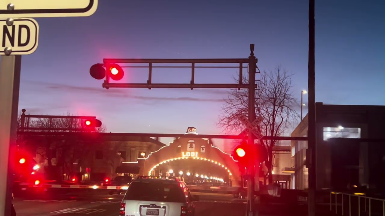 UP 8411 Manifest Freight Train North - E, Pine Street. Railroad Crossing, Lodi CA