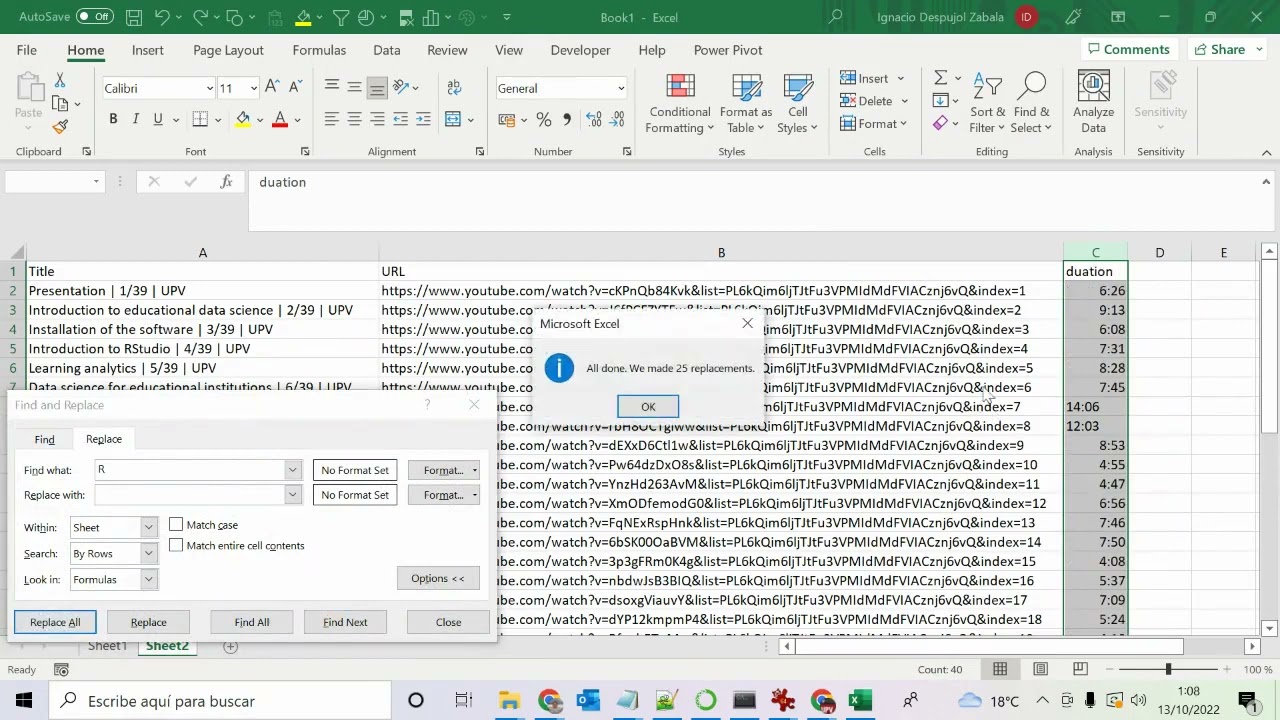 Getting the contents of a Youtube playlist in Excel |  | UPV