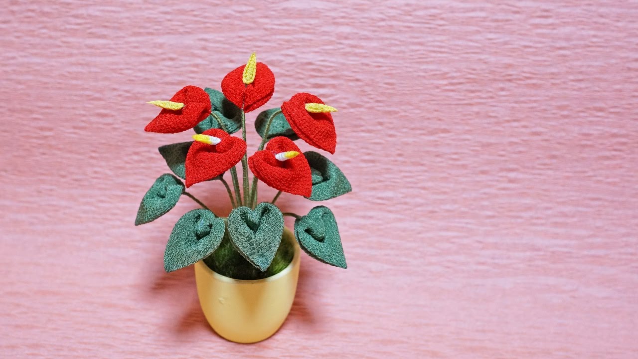 つまみ細工/アンスリウムの作り方/お部屋の飾りに/インテリア/観葉植物/DIY kanzashi flower/vol.32