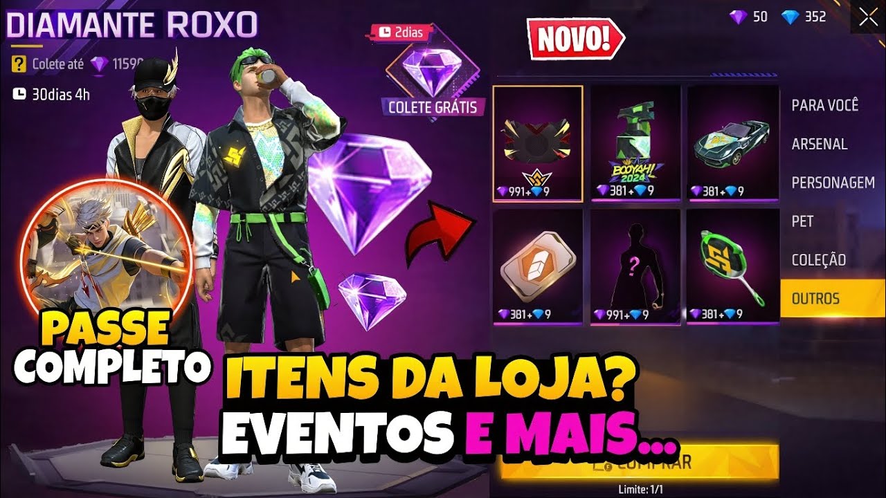 CORREE!! ITENS DA LOJA DOS DIMAS ROXO, EVENTOS 2025, TROCA NICK? SKIN DO FFWS - NOVIDADES FREE FIRE