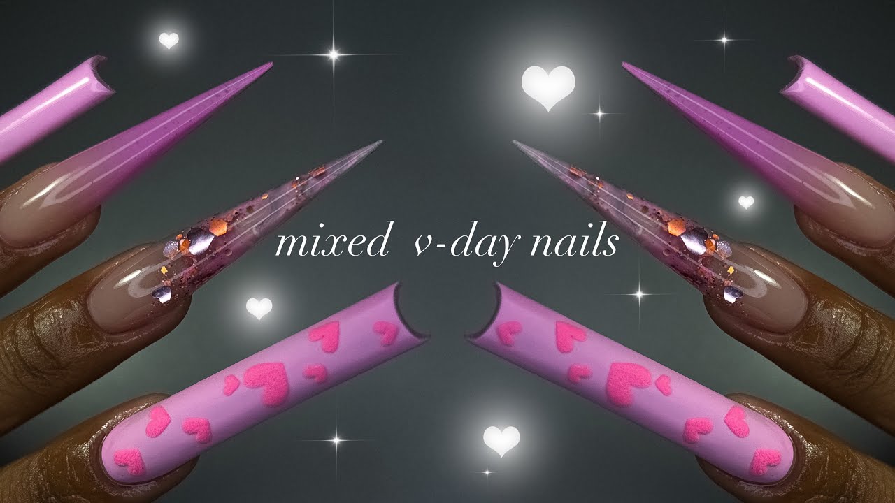 Mixed Valentine’s Day Nails💗✨| acrylic ombre with glitter + beginner-friendly nail art!✨