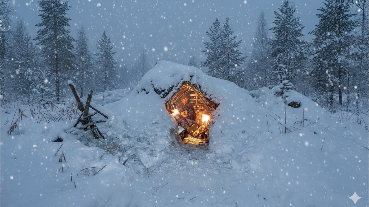 Building a warm and hidden shelter in the snow: winter camping in nature