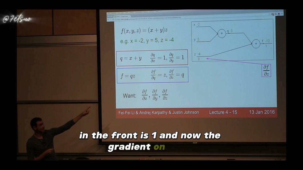 Andrej Karpathy explains how gradients are calculated in a computational graph