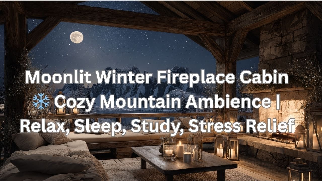 Moonlit Winter Fireplace Cabin ❄️ Cozy Mountain Ambience | Relax, Sleep, Study, Stress Relief