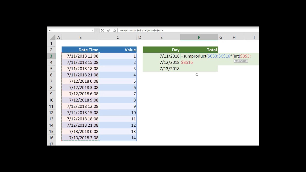 How to sum by date in Excel without time