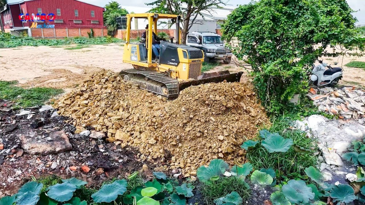 Incredible Start Project Landfill by Expert Driver Skill Dozer KOMATSU D31PX Pushing soil &5T Trucks