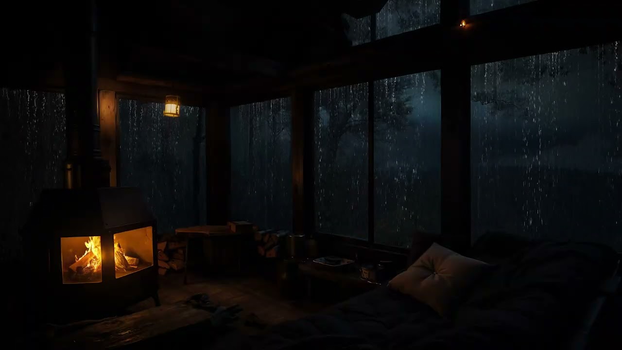 Quiet Night Rain in a Cabin | Warm Fireplace & Relaxing Rain Sounds for Sleeping