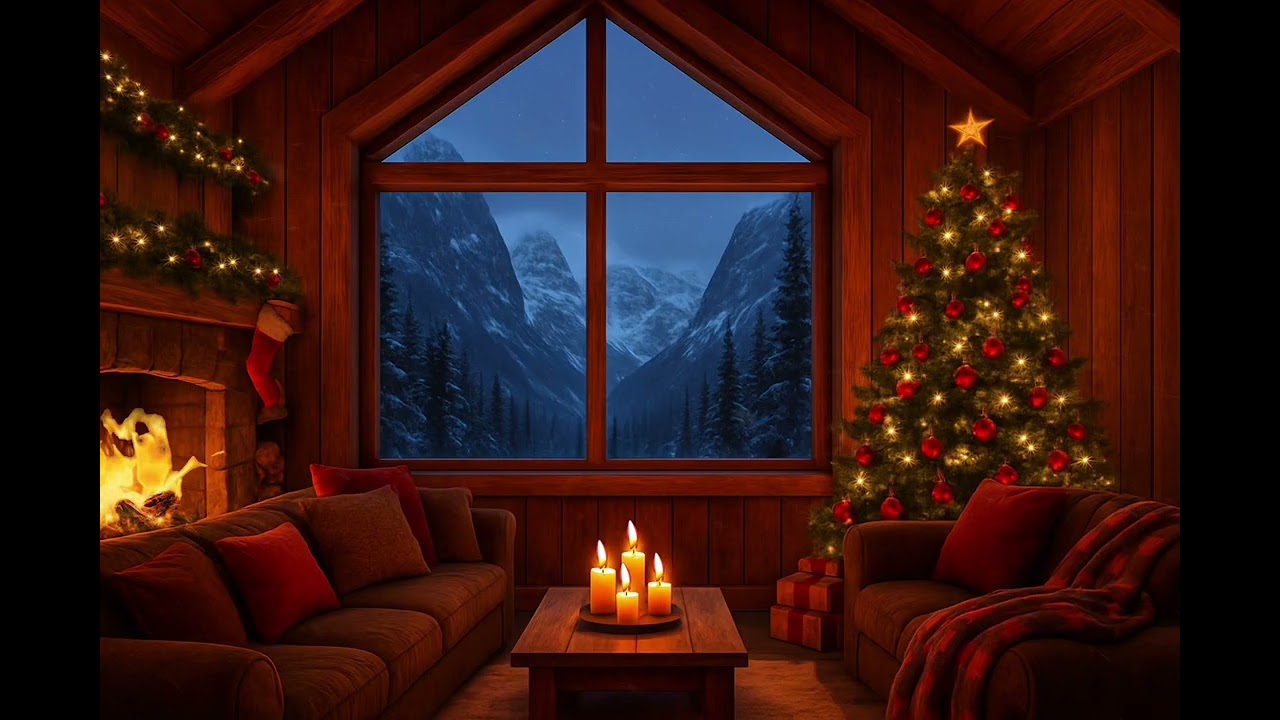 Cozy Christmas Cabin Ambience 🎄 Crackling Fireplace, Candlelight & Gentle Snowfall (1 Hour)