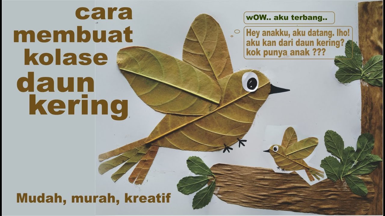 cara membuat kolase burung terbang dari daun kering