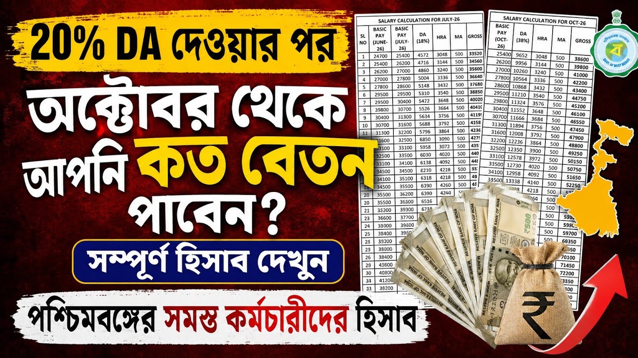 DA 20% বৃদ্ধির পর রাজ্যের সমস্ত কর্মচারীর বেতন কেমন হবে হিসাব দেখুন|DA Calculation After 20% DA Hike