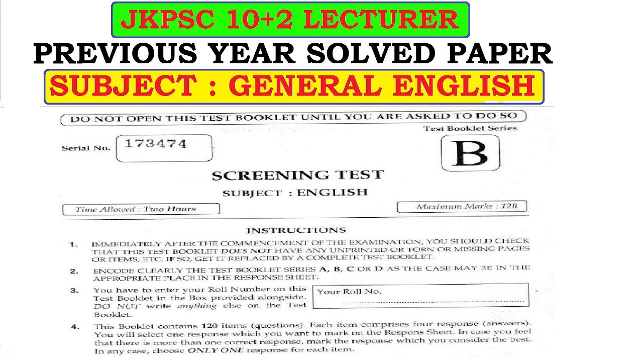 JKPSC 10+2 LECTURER PREVIOUS YEAR SOLVED PAPER OF GENERAL ENGLISH JKPSC LECTURER PREVIOUS YEAR PAPER