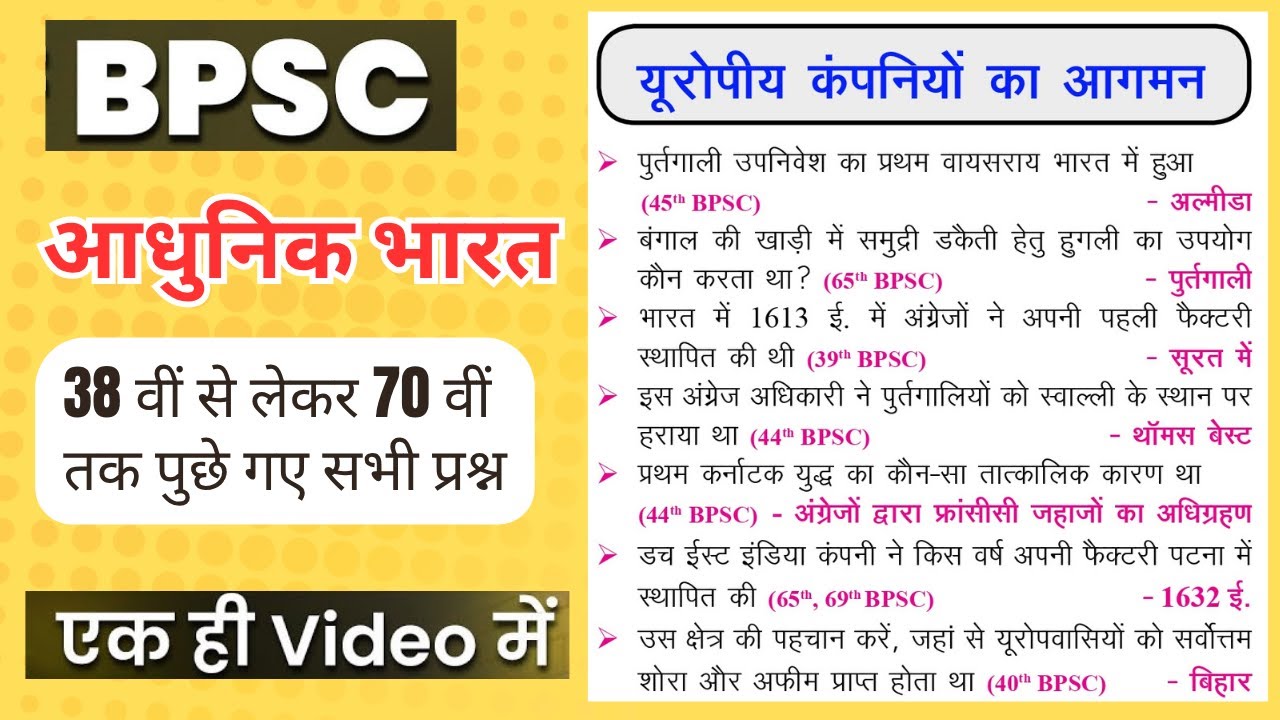 Modern History | आधुनिक भारत | BPSC 38वीं से 70वीं तक | 📚 Previous Year Question in On-linear