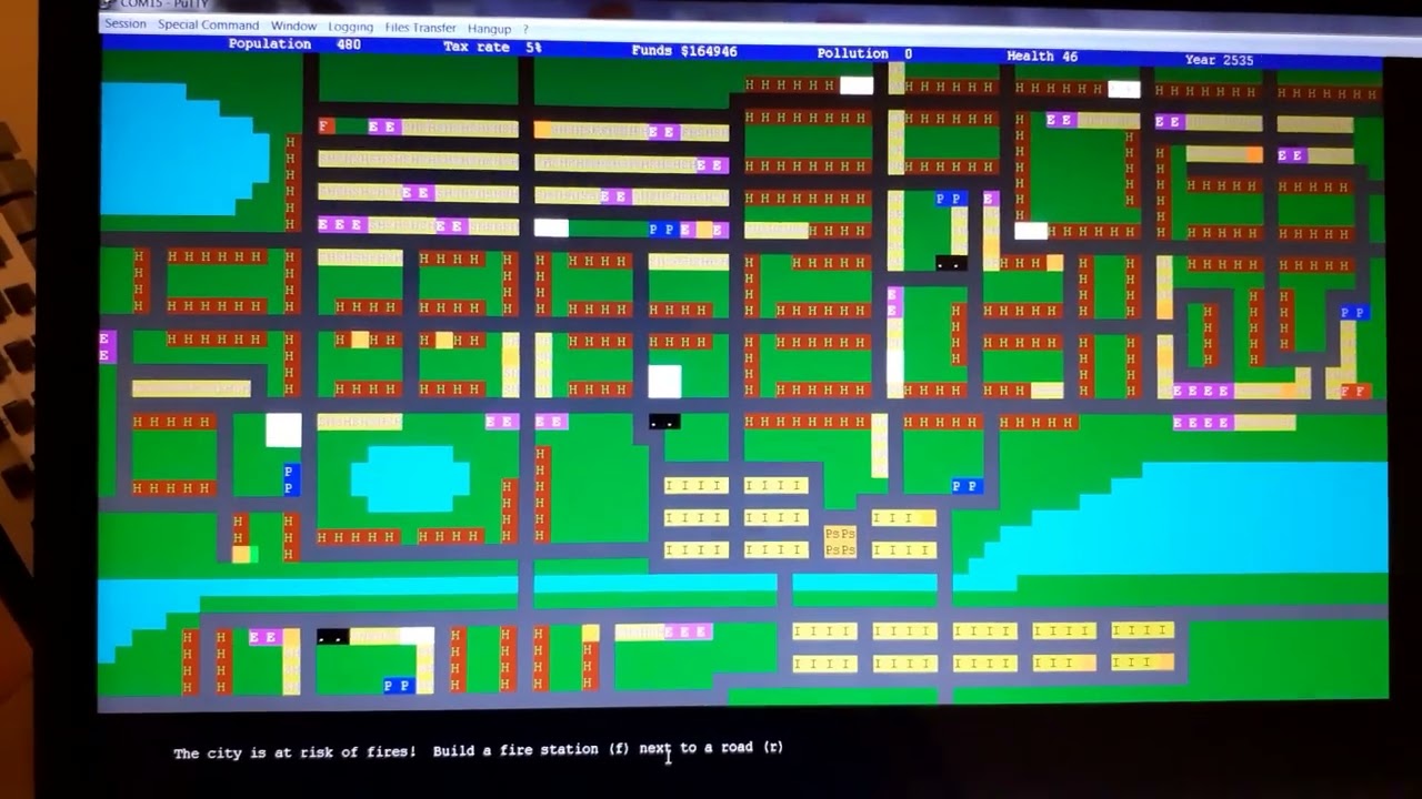More progress on SimCity for CP/M... building objects can catch fire!