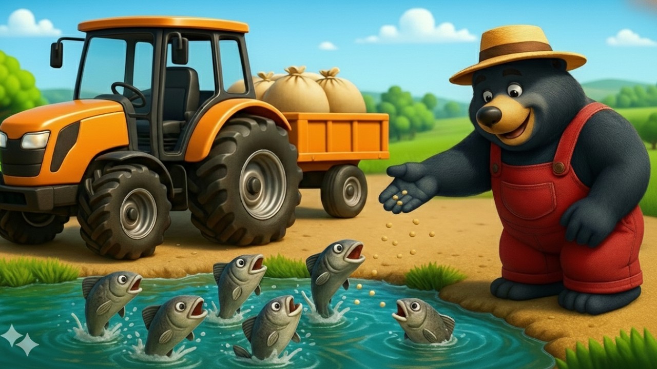 🐻🚜 Transporting Fish Food by Tractor – Bear Farmer Takes Care of His Fish 🐟 | Vehicles Farm Animated