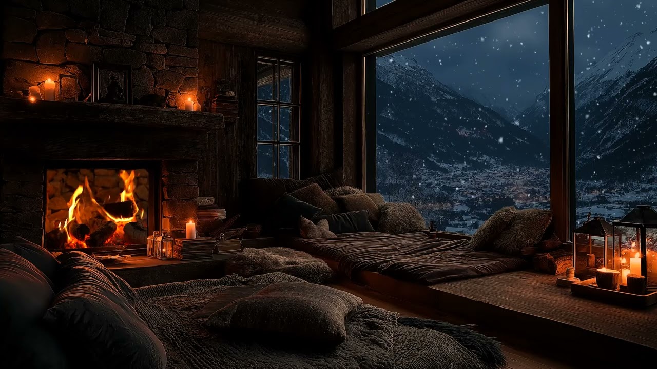 Soft Wind and Fireplace Crackles Creating a Lonely and Peaceful Night Scene