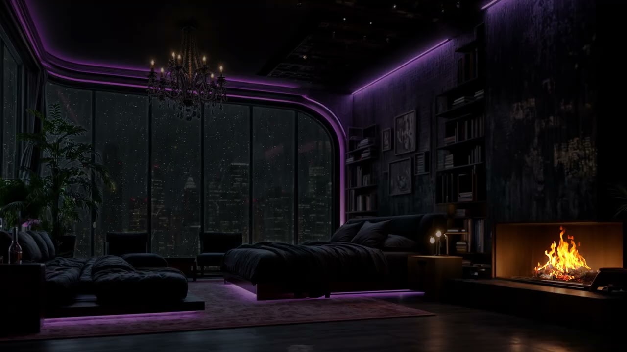🌇✨ Zurich Night Rain Ambience – Cozy Purple Bedroom & Fireplace for Deep Sleep