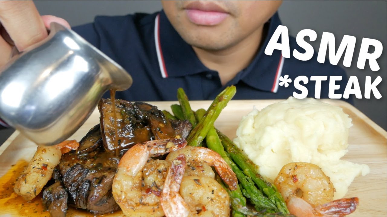 ASMR  Mushrooms Steak with Garlic Shrimp *No Talking Mukbang | N.E Let's Eat