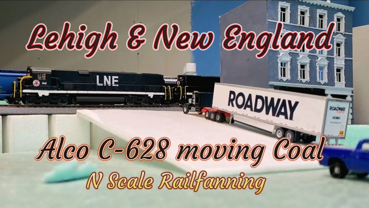 Lehigh & New England Alco C-628 moving coal, N Scale Layout Railfanning.