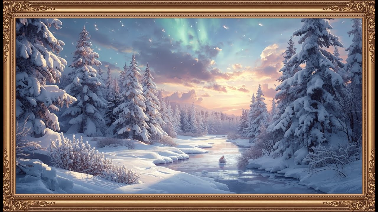 4K TV WALLPAPER Dreamlike Winter Forest at Sunset | Peaceful Snowy River & Northern Lights