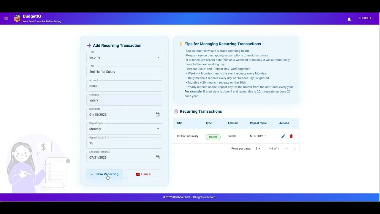 Automate Income & Expenses with Recurring Transactions | BudgetIQ
