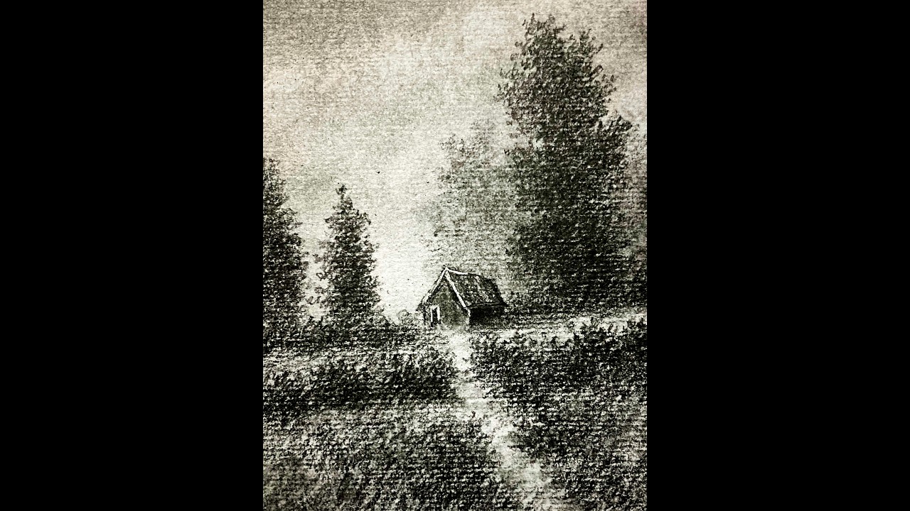 Misty Forest Cabin Pencil Drawing