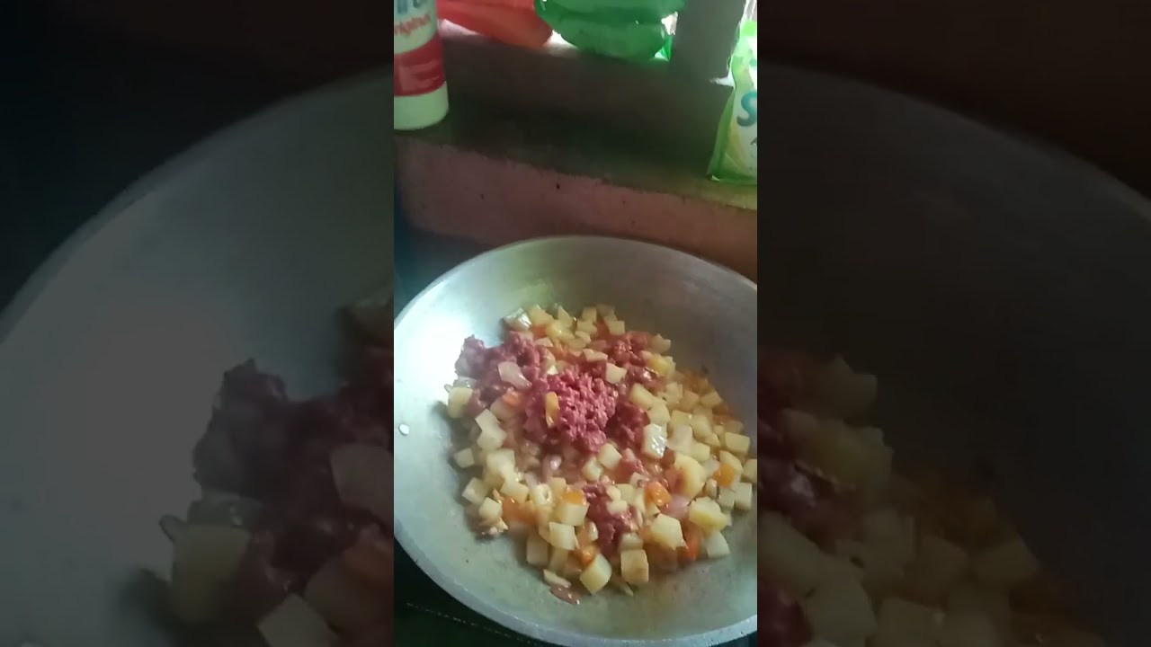 Cooking breakfast until lunch corned beef with potato and pechay 