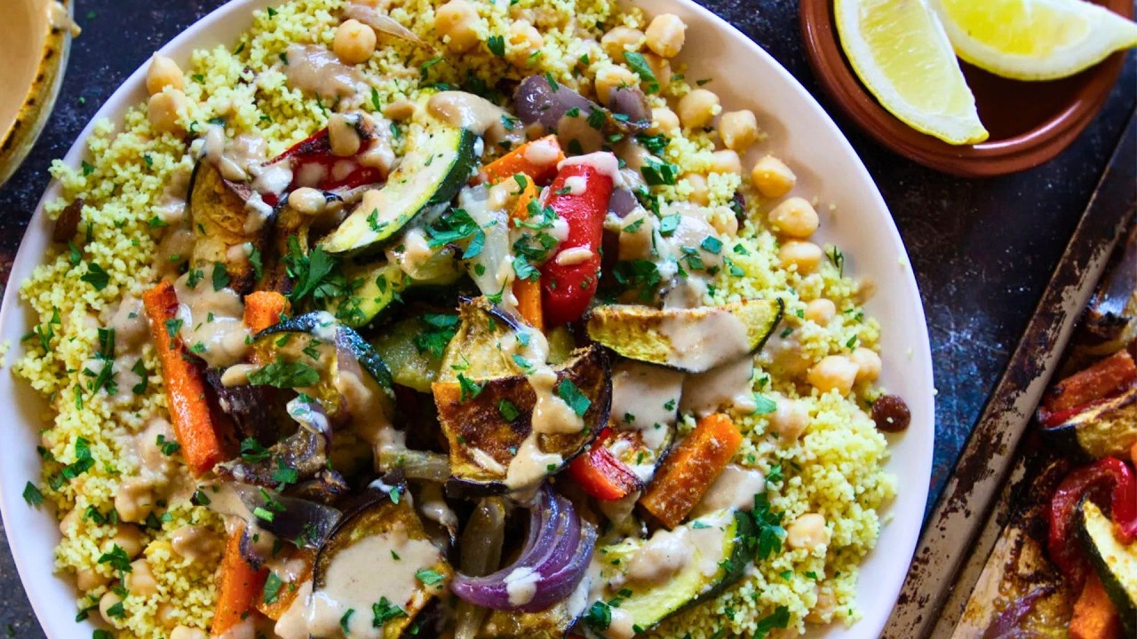 Moroccan Couscous With Roasted Veg And Tahini Dressing | Healthy + Vegetarian Recipe