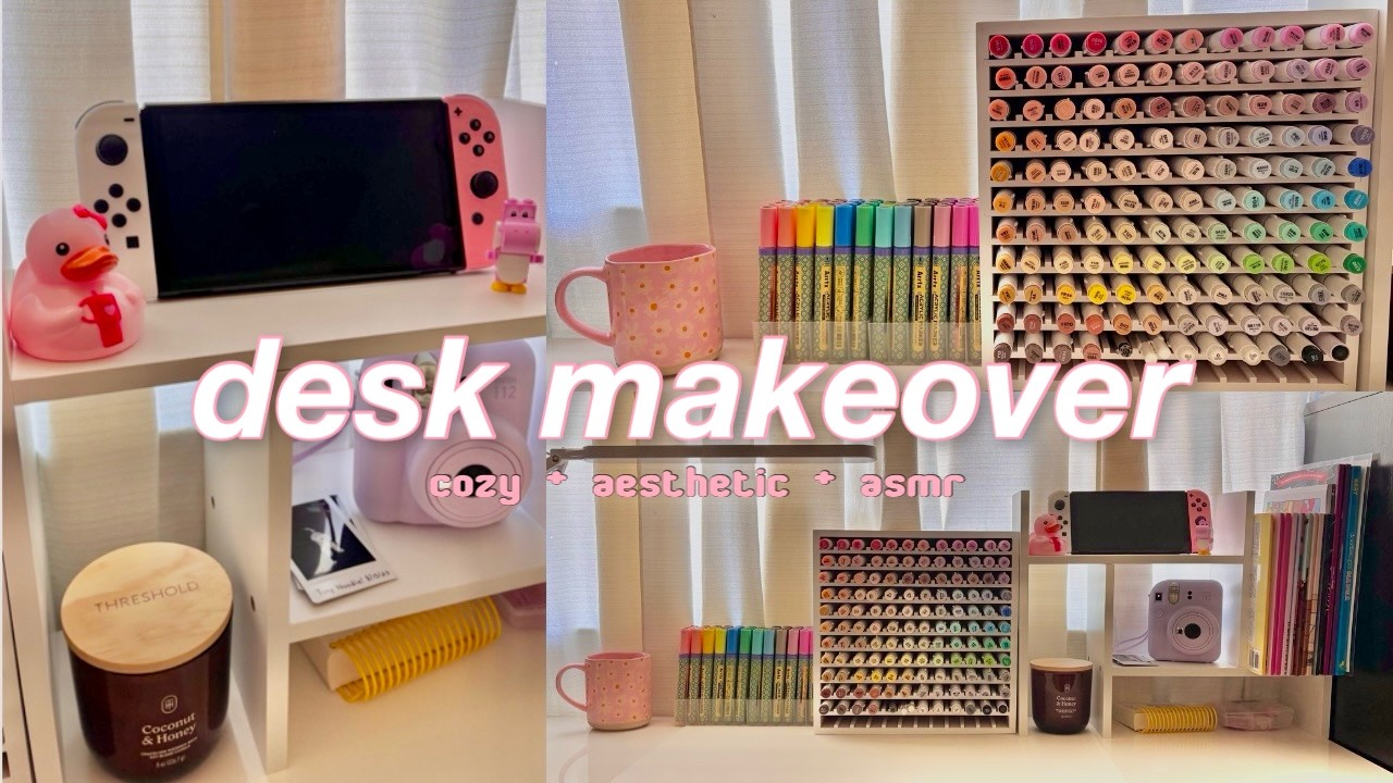 desk makeover 🎀 pinterest inspired art desk organization, unboxing, decorating vlog, aesthetic asmr