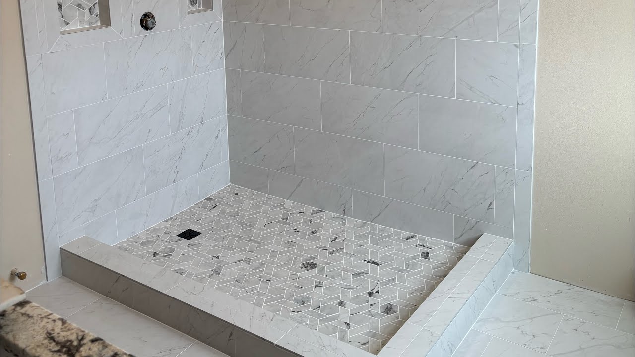 Open walk-in shower tile install