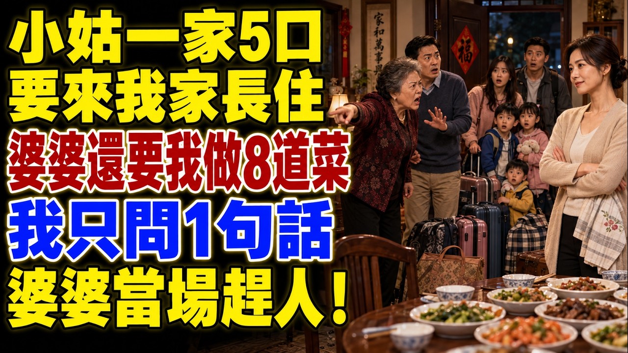 【完結爽文】小姑子一家5口要來我家住半個月，婆婆竟替我答應：三餐都讓妳嫂子做，每頓至少8道菜！老公還誇媽安排得好。我笑著只問1句話，婆婆當場變臉，直接把小姑子一家趕出門！#家庭情感故事 #婆媳矛盾 #