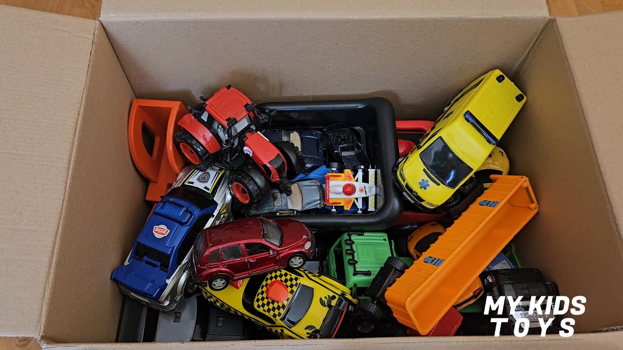 Box Full Of Model Cars - Tractor , Police Car, Ambulance, Racing Car , Trucks My Kids Toys