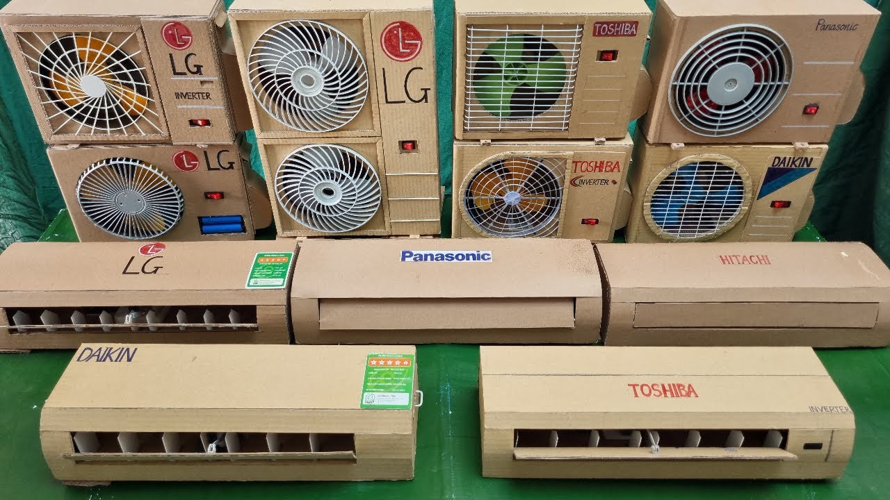 Cardboard air conditioners modeled after famous brands like Toshiba, Daikin, and LG