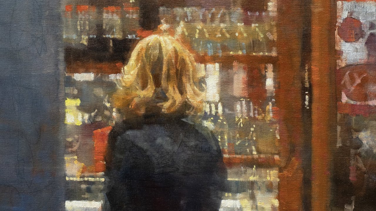 Oil Painting with Acrylic underpainting: Woman in Bar