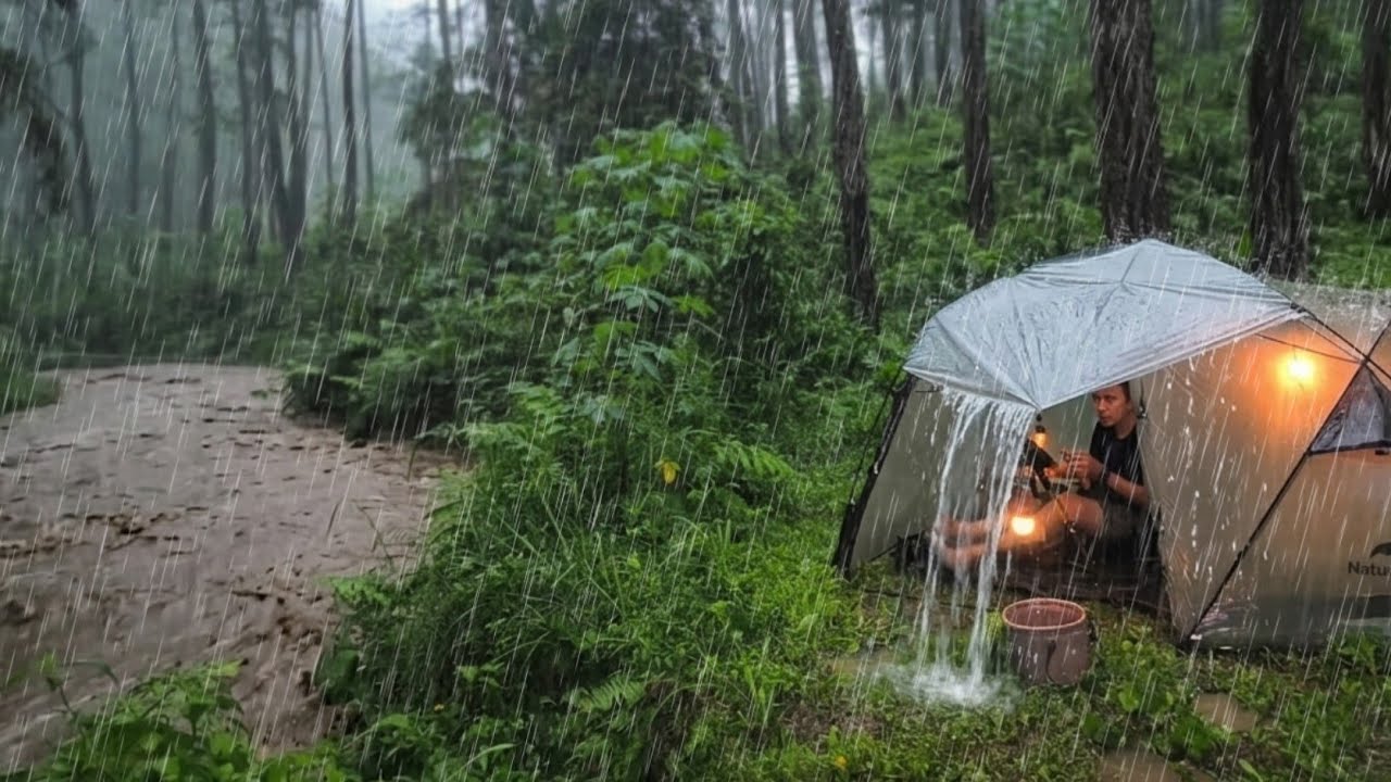 The most thrilling experience‼️ The moment the river overflowed⛈️CAMPING IN HEAVY RAIN
