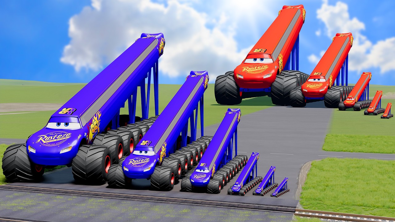 Big & Small & Long & Tall Lightning Mcqueens with Monster Truck Wheels vs Trains | BeamNG.Drive