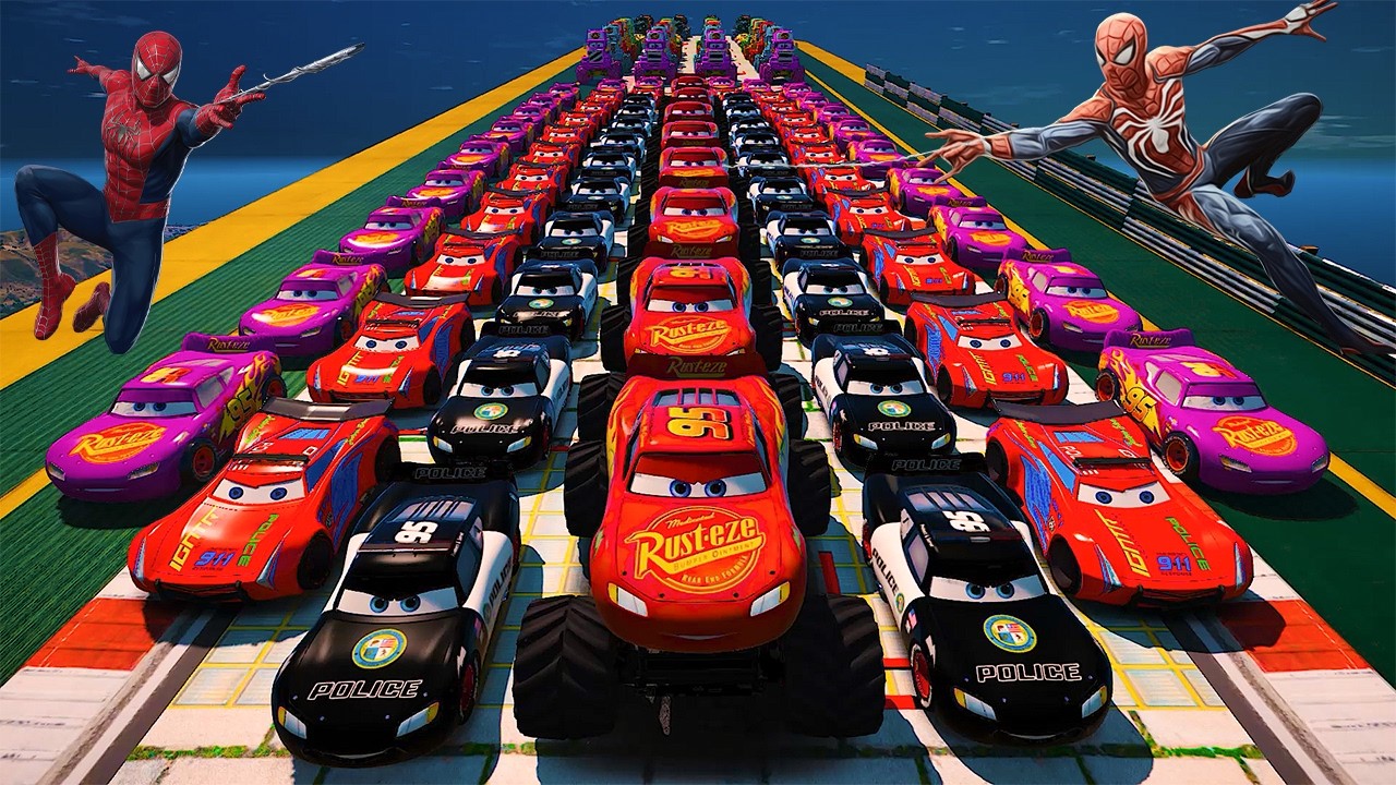 GTA 5 SPIDERMAN Cars Challenge Lightning & Monster McQueen Jackson Storm Miss Fritter & Friends Cars