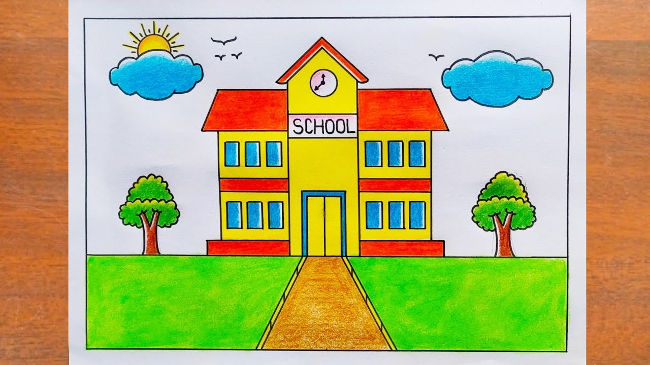 School Scenery Drawing / How to Draw a Beautiful School Easy Step by Step / My School Drawing 