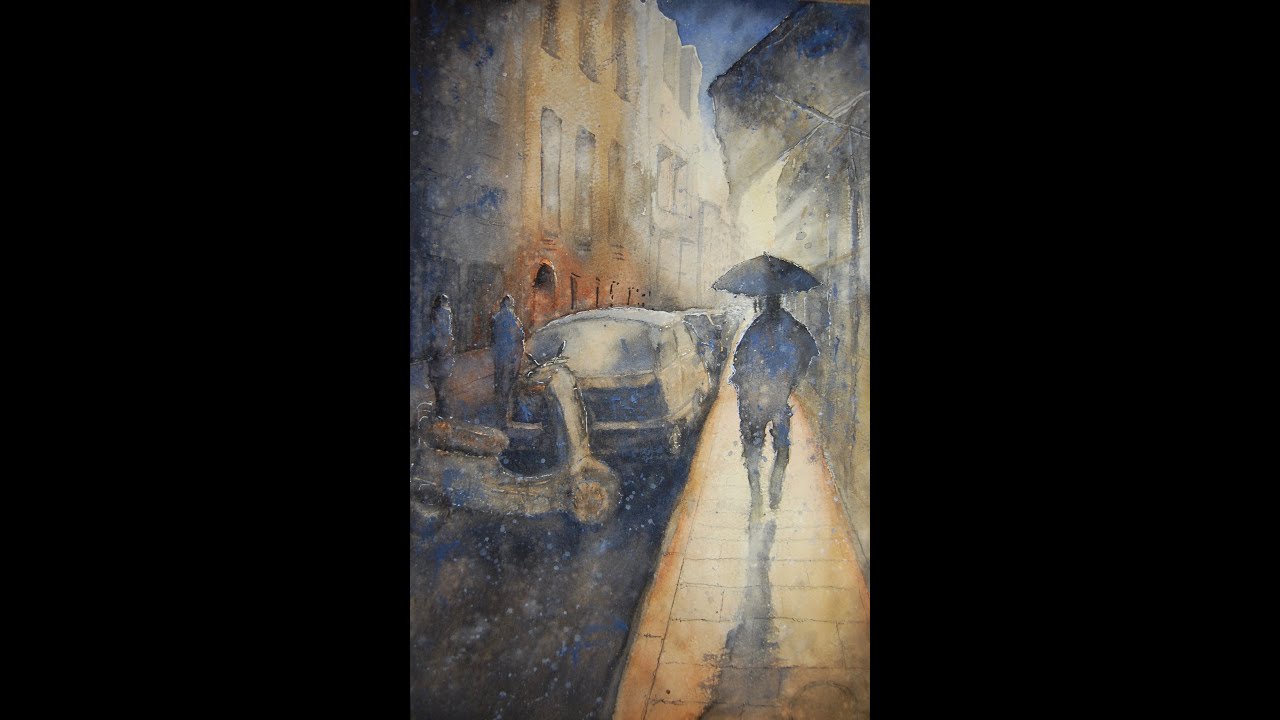 Watercolor Painting - Figures and umbrellas, Street scene - timelapse