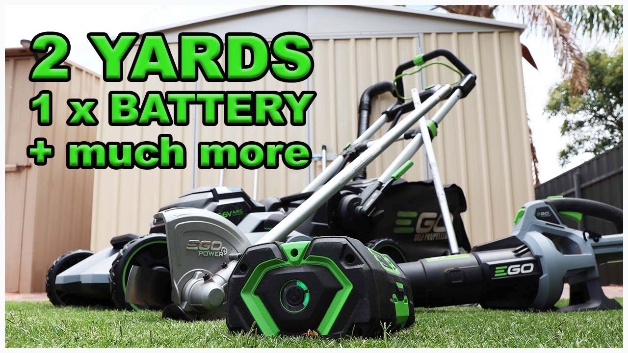 1 EGO BATTERY Vs 2xYARDS TIDY UP (TREES/EDGING/LAWN/GUTTERS) // EGO WINS!!