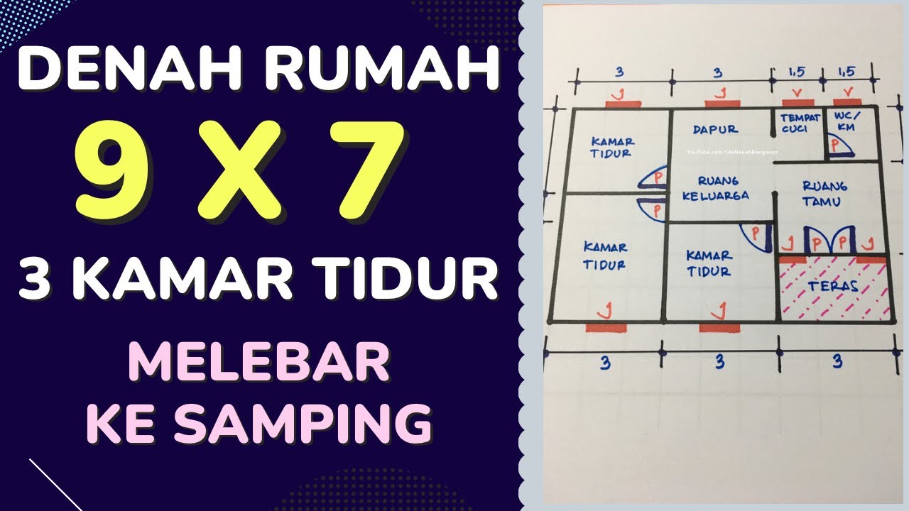 Denah Rumah 9x7 Melebar 3 Kamar Tidur