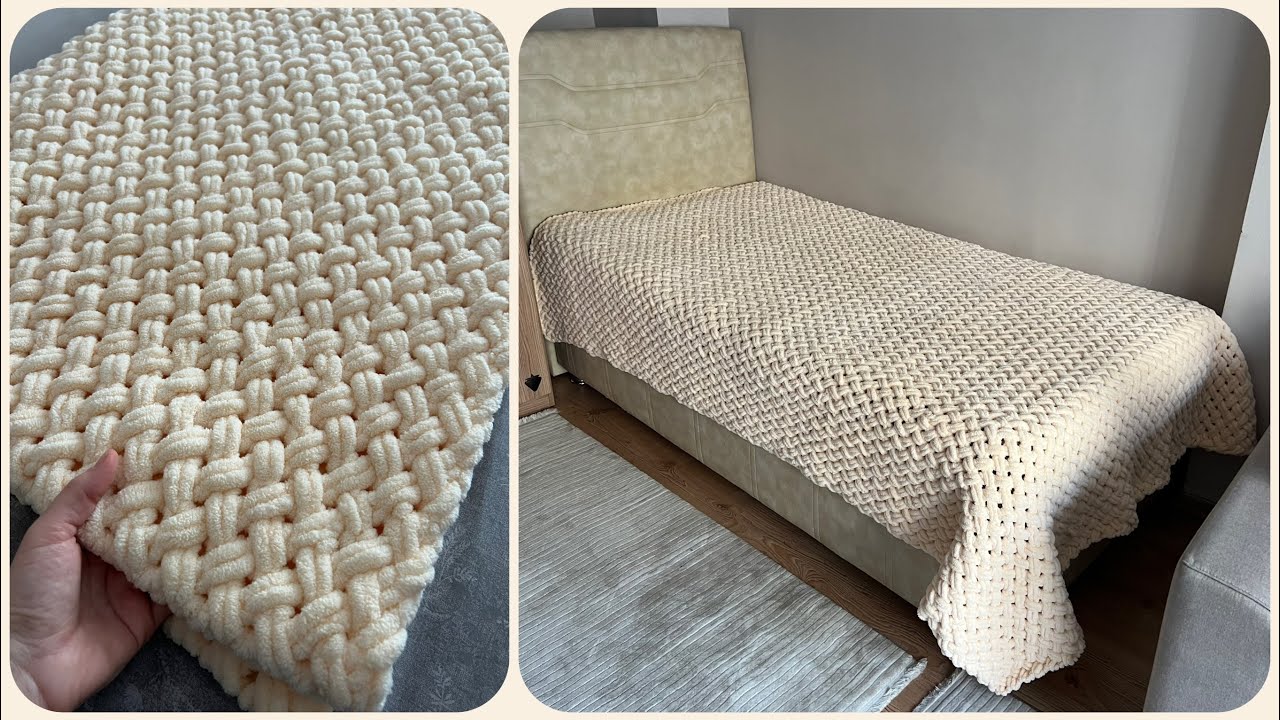 ŞİŞ YOK TIĞ YOK  ✅ ALİZE PUFFY İP İLE HASIR ÖRGÜ TEK KİŞİLİK BATTANİYE YAPIMI #crochet #knitting