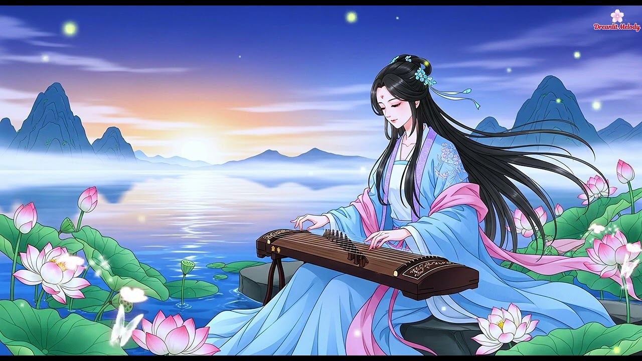 Peaceful Guzheng Performance by the Lake 🌊🌿- Dreamy Anime Scenery #guzheng #flutemusic #music #flute