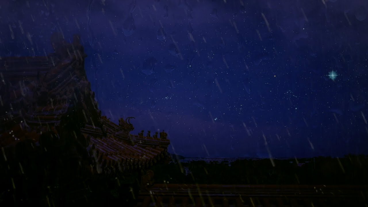Starry Night Rain Sounds For Sleeping Temple Rooftop - Fall Asleep Fast With Heavy Rainfall Relax