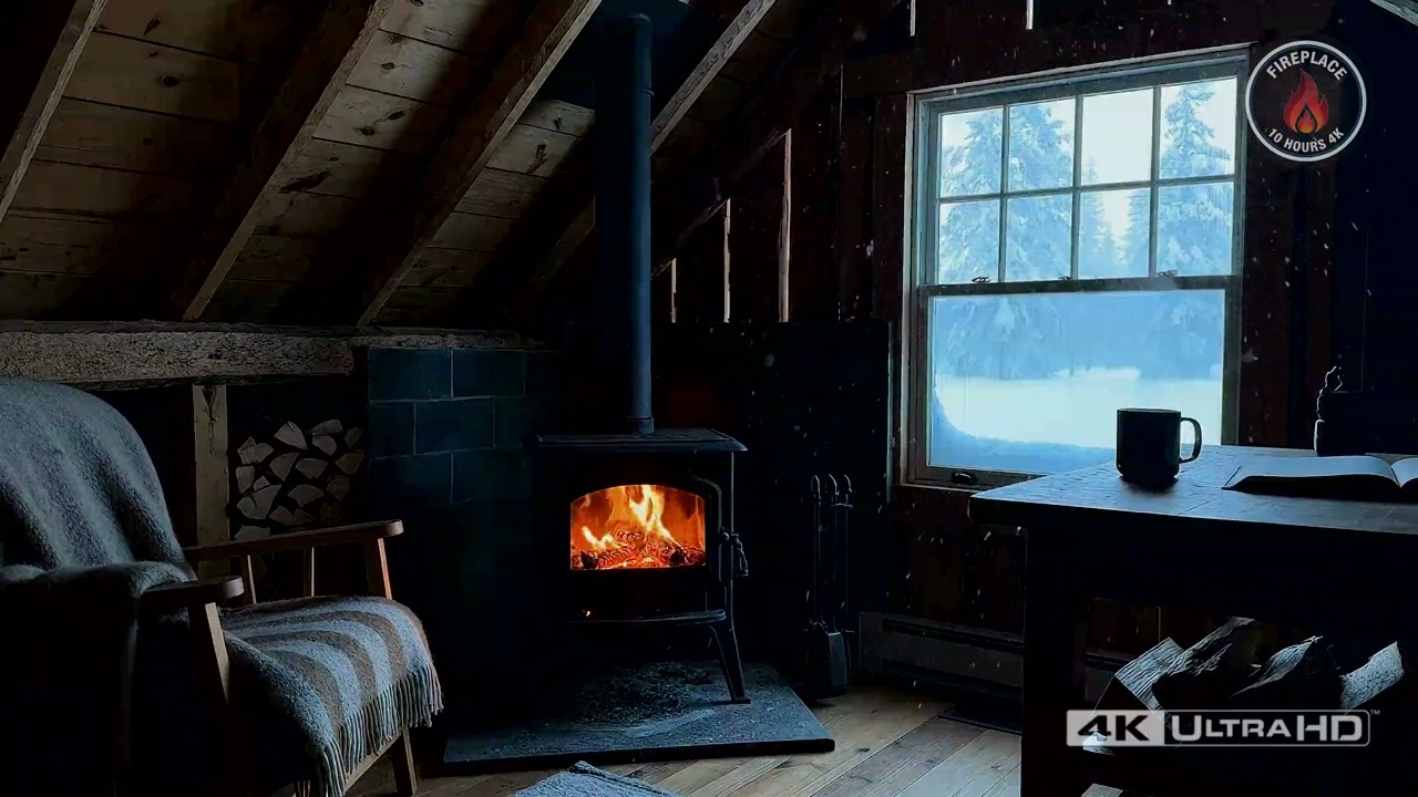 Winter Cabin Fireplace 10 Hours Ambience 4K | Crackling Fire, Falling Snow & Peaceful Warmth