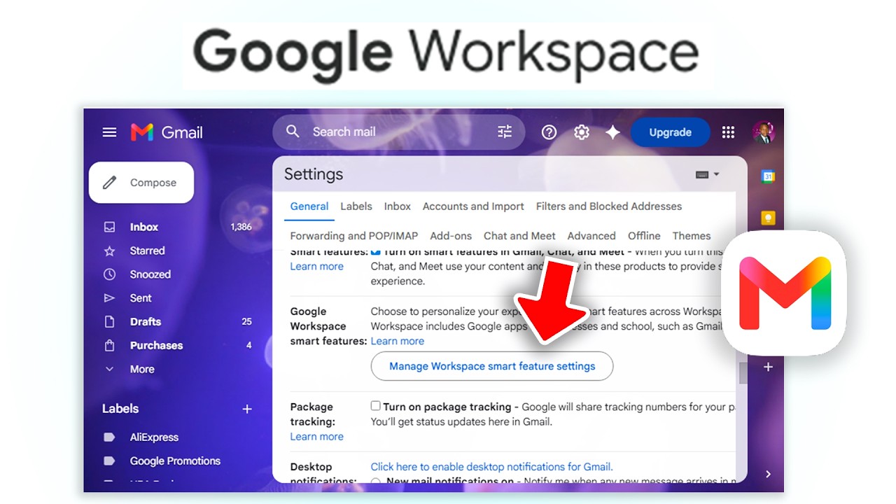Включите интеллектуальную функцию Google Workspace в Gmail.