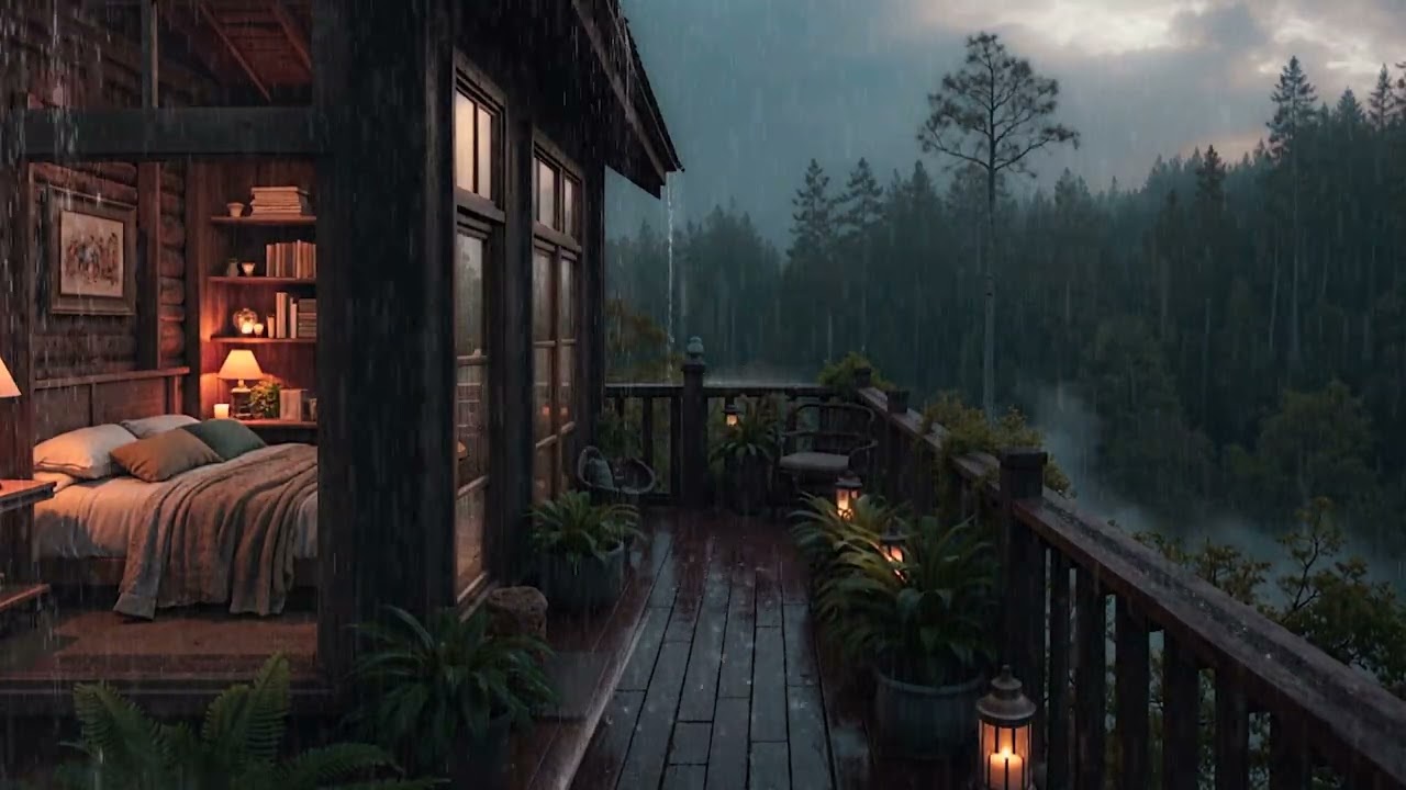 Soft Night Rain Falling Calmly on a Cabin in the Forest 🌲 | Restful Night Ambience
