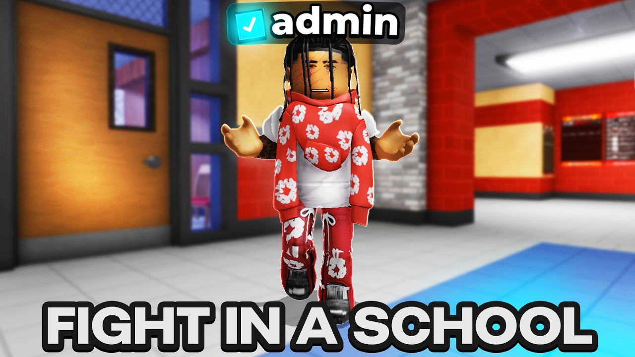 Администратор издевается над соперником в Roblox во время драки в школе.