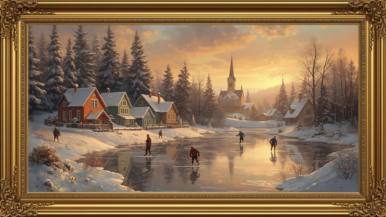 Winter Sunrise Christmas Morning, Vintage Impressionist Oil Painting  Framed TV Art Screensaver #4k